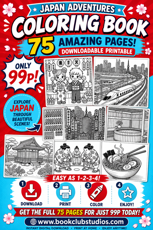 Color in Japan - Full Coloring Book (75 pages downloadable printable)